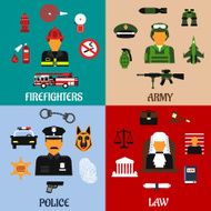 Fireman soldier judge and policeman icons