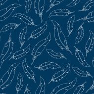White feathers on blue background Seamless vector pattern