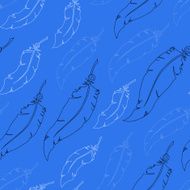 Blue feathers on blue background Seamless vector pattern