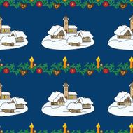 Christmas seamless with winter village and candle on blue