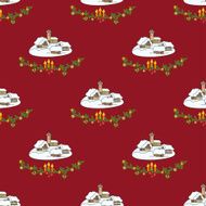 Christmas seamless with winter village on red