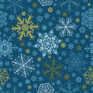 Seamless pattern of snowflakes multicolored on blue