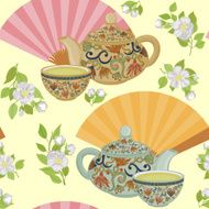 Repeating pattern with teapot cups and oriental fans