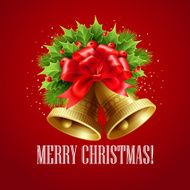 Christmas decoration with evergreen trees holly and bells Vector illustration