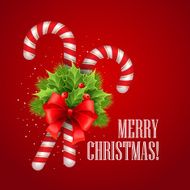 Christmas candy cane with holly and red bow Vector illustration