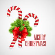 Christmas candy cane with holly and red bow Vector illustration N2