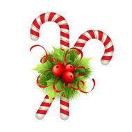 Christmas decoration with holly leaves bow and candy Vector illustration