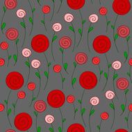 round stylized red flowers on a dark background