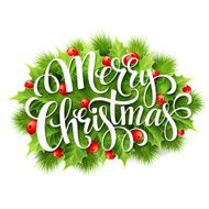 Merry Christmas lettering card with holly Vector illustration N4