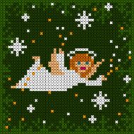 christmas card with angel flying among snow flakes