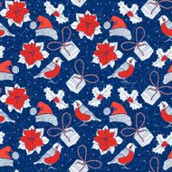 Seamless pattern with bullfinches gifts poinsettia flowers and holly