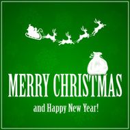 Santa with reindeers and sack on green background