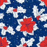 Seamless pattern with poinsettia flowers and holly Vector christmas background