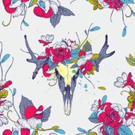 Seamless pattern Skull of deer in flowers