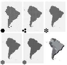 Dotted maps of South America in different resolutions