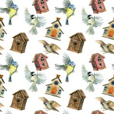Flying birds and birdhouses seamless pattern
