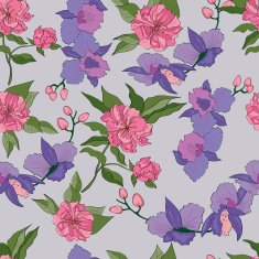 Seamless floral design with iris and peony