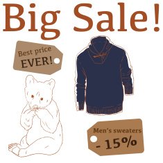 Big Sale illustration with baby bear mens sweater and labels N2