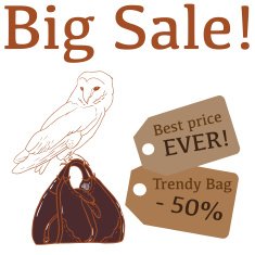 Big Sale illustration with cute owl trendy bag and labels N2