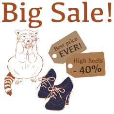 Big Sale illustration with funny raccoon high heels and labels N2
