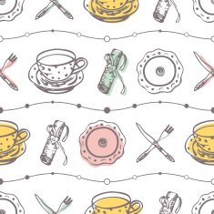 Plates and dishes seamless pattern on white background