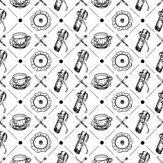 Plates and dishes seamless pattern in black white colors