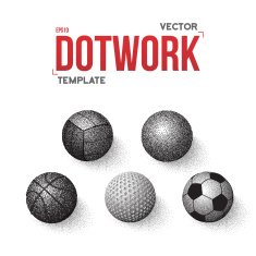 Set of Sport Balls Made Dotwork Style Halftone Vector Ball