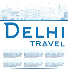 Outline Delhi skyline with blue landmarks and copy space