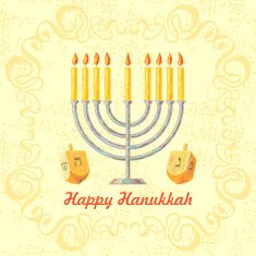 Hanukkah menorah with candles and dreidels