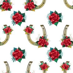Seamless pattern with horseshoes rabbit foots red roses