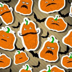 Halloween pumpkins seamless- stickers vector illustration on brown stripe background