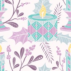Christmas seamless pattern with mistletoe candles and holly leaves