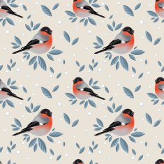 Bullfinches with foliage and snow pattern