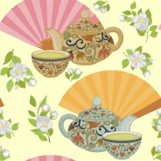 Repeating pattern with teapot cups and oriental fans