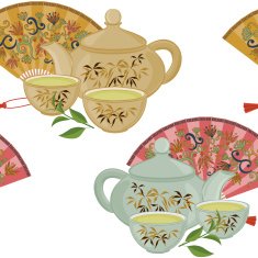 Seamless pattern with teapot cup of green tea and fans