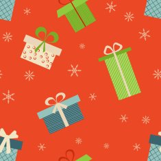 Pattern with colorful gift boxes on beige background Vector illustration