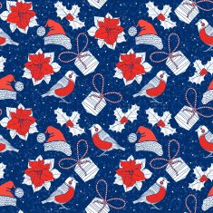 Seamless pattern with bullfinches gifts poinsettia flowers and holly