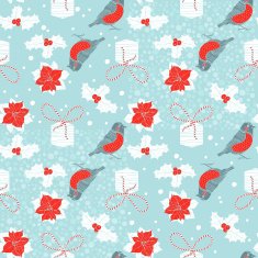 Seamless pattern with bullfinches gifts poinsettia flowers and holly N2