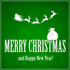 Santa with reindeers and sack on green background