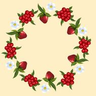 frame of strawberries and cranberries with green leaves
