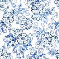 Floral Watercolor seamless pattern in Russian Gzhel Style
