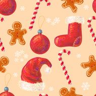 Pattern with Christmas hat sweet cane sock ball ginger cookie