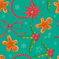 Seamless pattern with Christmas flower holly berry ginger cookie
