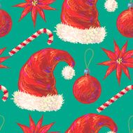 Seamless pattern with Christmas Santa hat candy cane ball flower