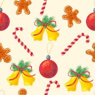 Seamless pattern with Christmas ball bell ginger cookie candy cane