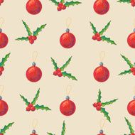 Seamless pattern with Christmas holly berries and balls