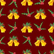 Seamless pattern with Christmas bell and holly berry