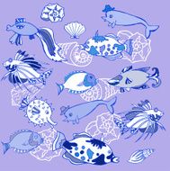 Background with blue fishes and cockleshells