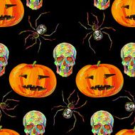 Seamless Halloween pattern with skulls spider and pumpkin