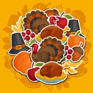 Happy Thanksgiving Day background design with holiday sticker objects N3